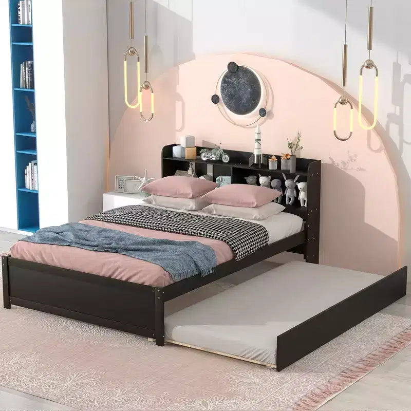 Struttura Letto Matrimoniale con Cassetto Estraibile e Testiera Contenitore, Letto Estraibile Matrimoniale con Libreria per Bambini, Letto con Libreria per Ragazzi, Adulti