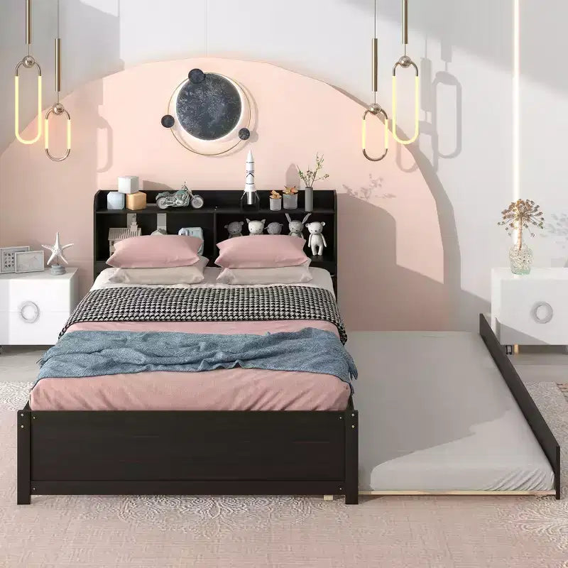Struttura Letto Matrimoniale con Cassetto Estraibile e Testiera Contenitore, Letto Estraibile Matrimoniale con Libreria per Bambini, Letto con Libreria per Ragazzi, Adulti