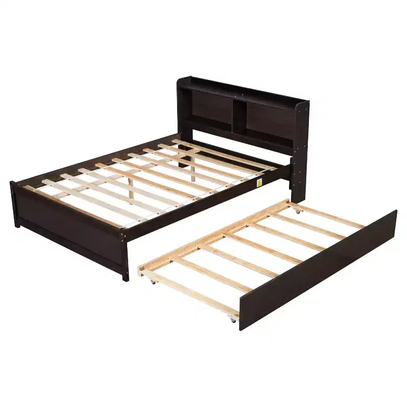 Bellemave Full Size Bed Frame with Trundle and Storage Headboard,Full Size Trundle Bed with Bookcase for Kids,Bookcase Bed for Teens,Adults