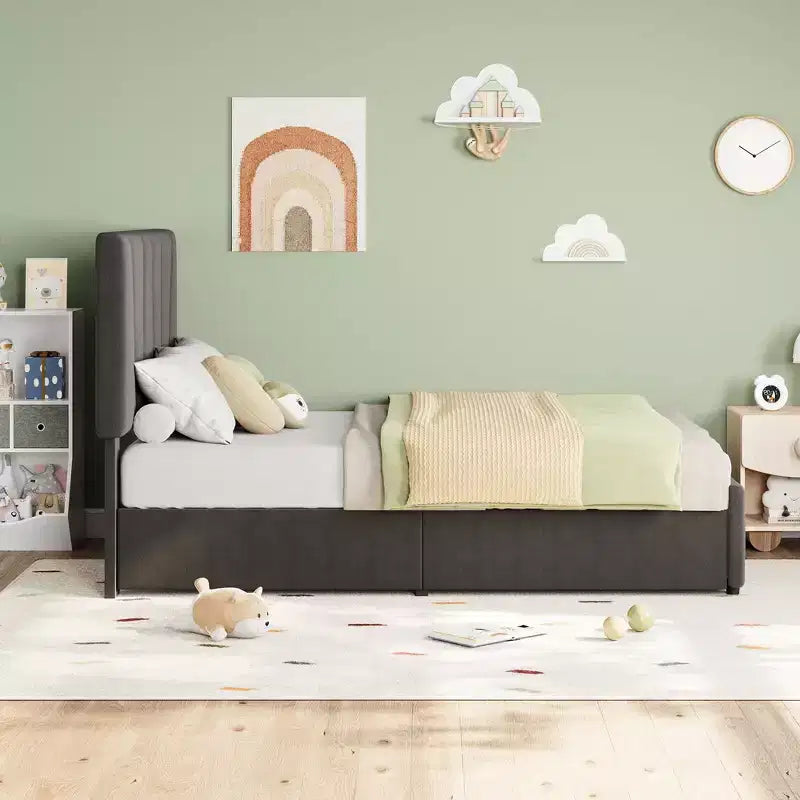 Letto con testiera regolabile e cassetti portaoggetti, piattaforma imbottita in velluto trapuntato con doghe in legno, non richiede rete a molle