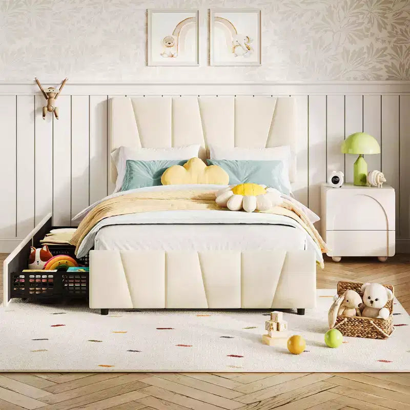 Letto con testiera regolabile e cassetti portaoggetti, piattaforma imbottita in velluto trapuntato con doghe in legno, non richiede rete a molle