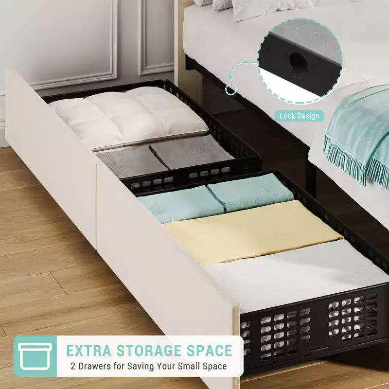 Letto con testiera regolabile e cassetti portaoggetti, piattaforma imbottita in velluto trapuntato con doghe in legno, non richiede rete a molle