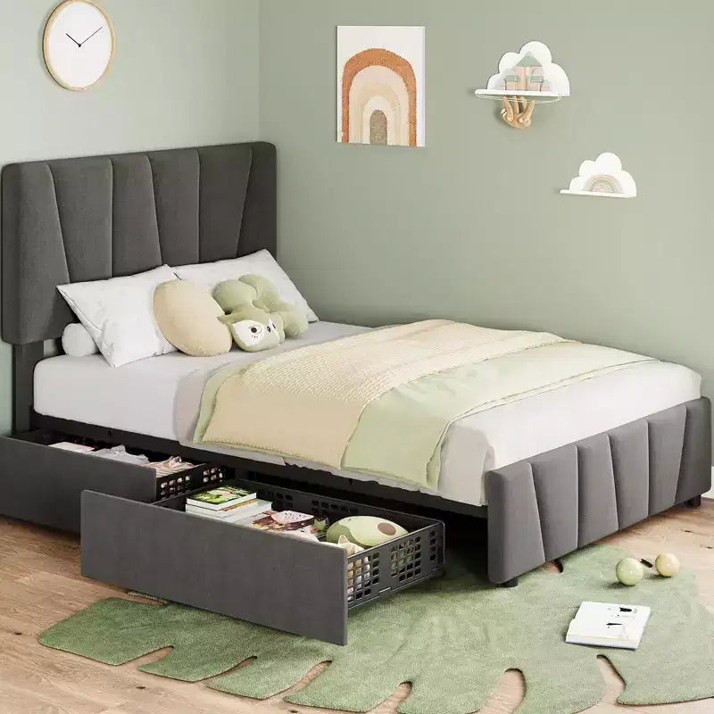 Letto con testiera regolabile e cassetti portaoggetti, piattaforma imbottita in velluto trapuntato con doghe in legno, non richiede rete a molle
