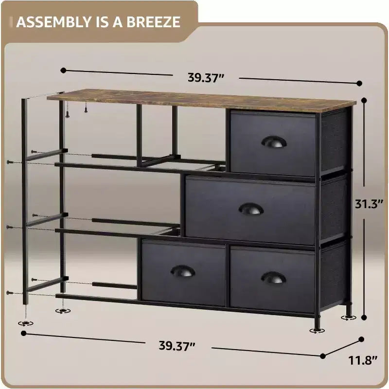 Cassettiera ampia a 8 cassetti - Unità organizer con struttura in acciaio, piano in legno e maniglia, cassetti in tessuto