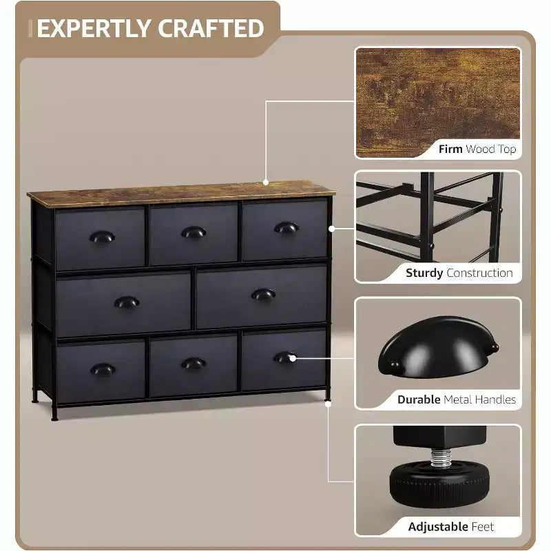 Cassettiera ampia a 8 cassetti - Unità organizer con struttura in acciaio, piano in legno e maniglia, cassetti in tessuto
