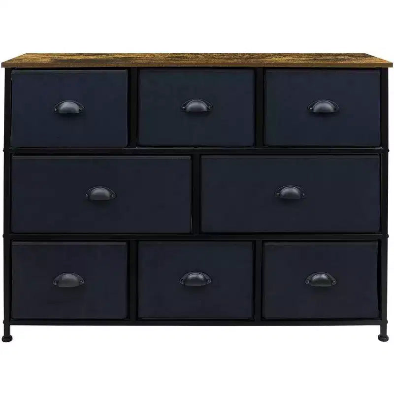 Cassettiera ampia a 8 cassetti - Unità organizer con struttura in acciaio, piano in legno e maniglia, cassetti in tessuto
