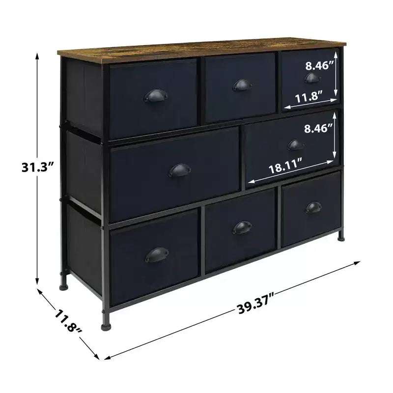 Cassettiera ampia a 8 cassetti - Unità organizer con struttura in acciaio, piano in legno e maniglia, cassetti in tessuto