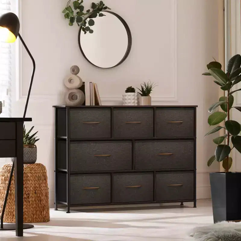 Cassettiera ampia a 8 cassetti - Unità organizer con struttura in acciaio, piano in legno e maniglia, cassetti in tessuto