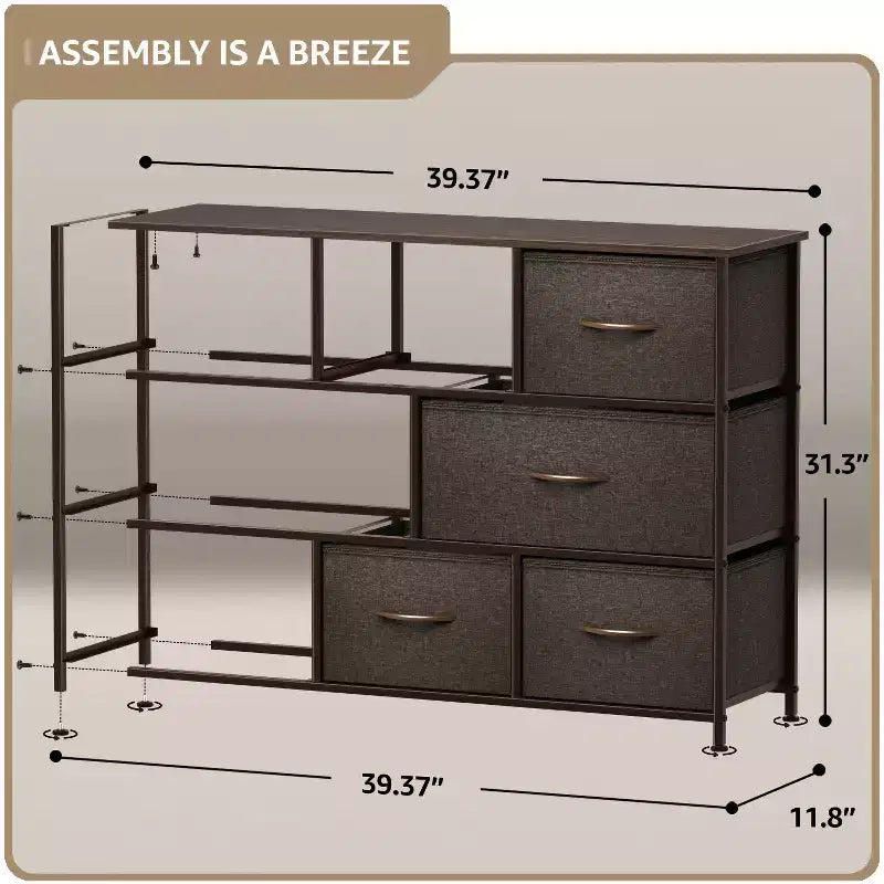 Cassettiera ampia a 8 cassetti - Unità organizer con struttura in acciaio, piano in legno e maniglia, cassetti in tessuto