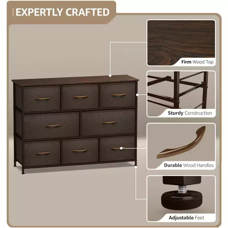 Cassettiera ampia a 8 cassetti - Unità organizer con struttura in acciaio, piano in legno e maniglia, cassetti in tessuto