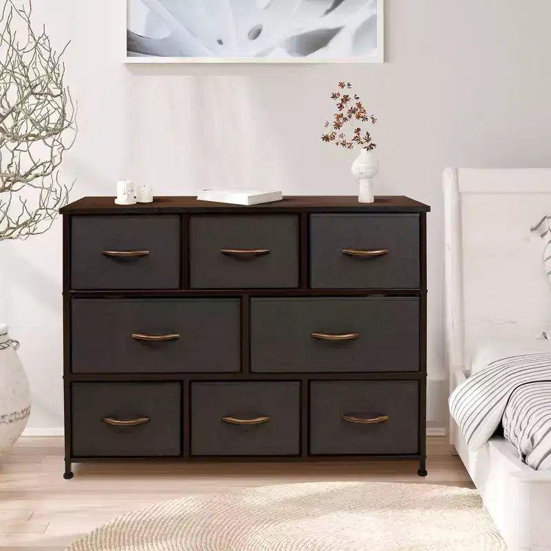 Cassettiera ampia a 8 cassetti - Unità organizer con struttura in acciaio, piano in legno e maniglia, cassetti in tessuto