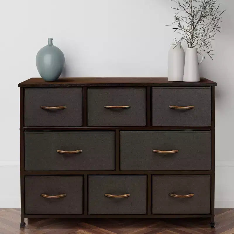 Cassettiera ampia a 8 cassetti - Unità organizer con struttura in acciaio, piano in legno e maniglia, cassetti in tessuto
