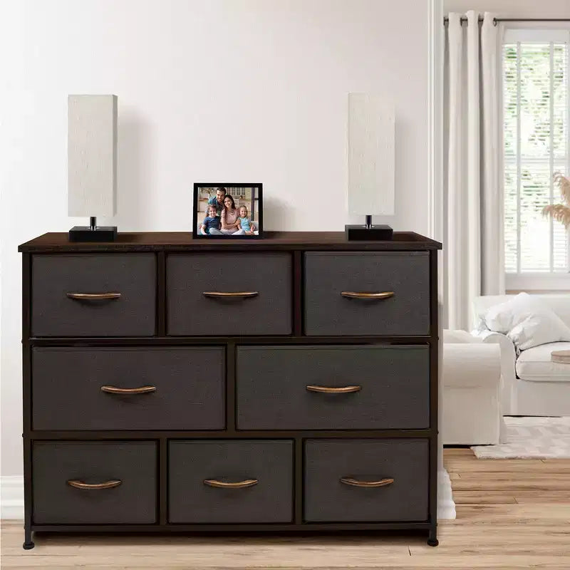 Cassettiera ampia a 8 cassetti - Unità organizer con struttura in acciaio, piano in legno e maniglia, cassetti in tessuto