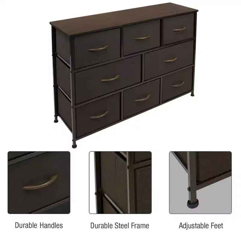 Cassettiera ampia a 8 cassetti - Unità organizer con struttura in acciaio, piano in legno e maniglia, cassetti in tessuto