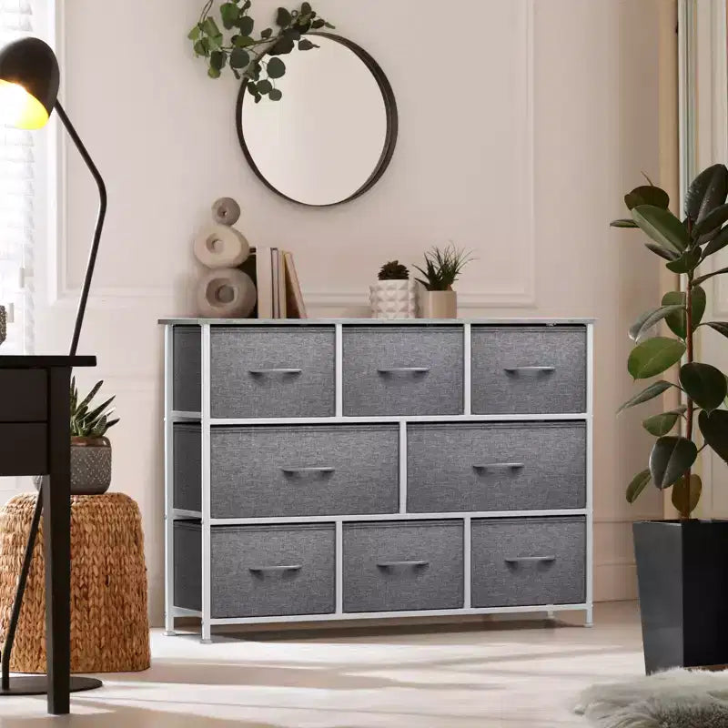 Cassettiera ampia a 8 cassetti - Unità organizer con struttura in acciaio, piano in legno e maniglia, cassetti in tessuto