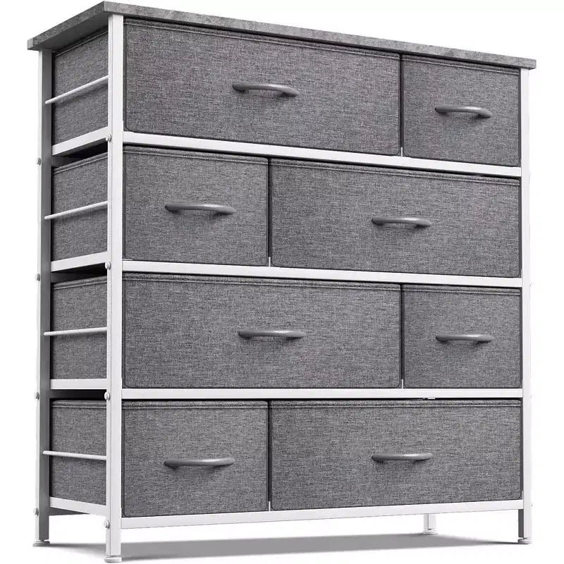 Cassettiera ampia a 8 cassetti - Unità organizer con struttura in acciaio, piano in legno e maniglia, cassetti in tessuto