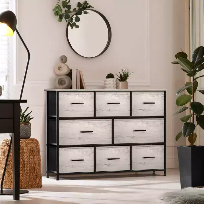 Cassettiera ampia a 8 cassetti - Unità organizer con struttura in acciaio, piano in legno e maniglia, cassetti in tessuto