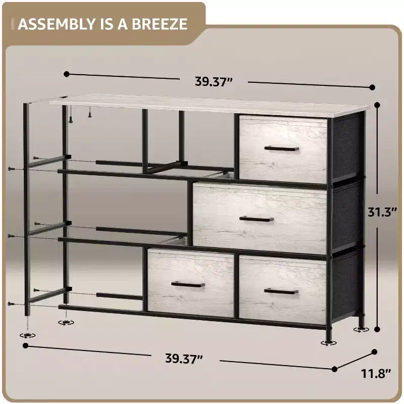 Cassettiera ampia a 8 cassetti - Unità organizer con struttura in acciaio, piano in legno e maniglia, cassetti in tessuto