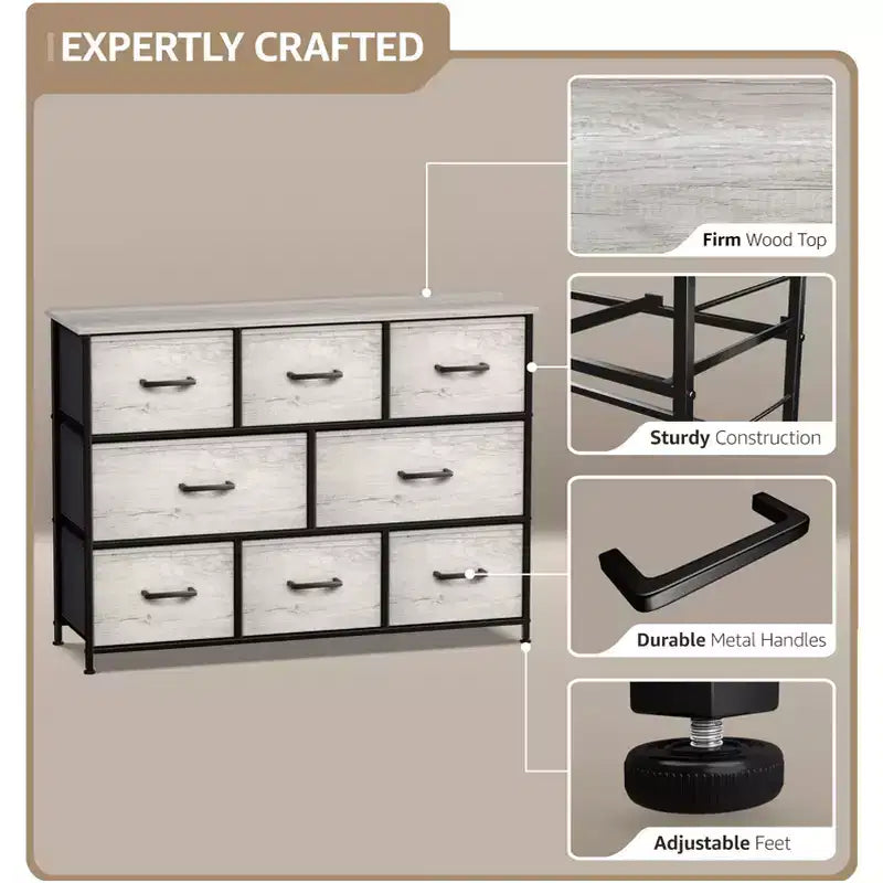 Cassettiera ampia a 8 cassetti - Unità organizer con struttura in acciaio, piano in legno e maniglia, cassetti in tessuto