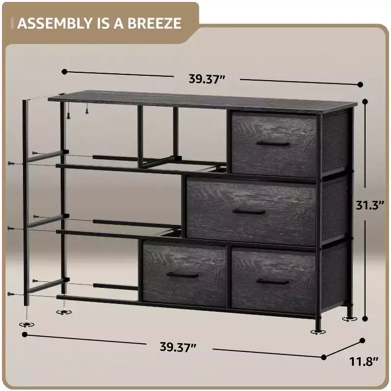 Cassettiera ampia a 8 cassetti - Unità organizer con struttura in acciaio, piano in legno e maniglia, cassetti in tessuto
