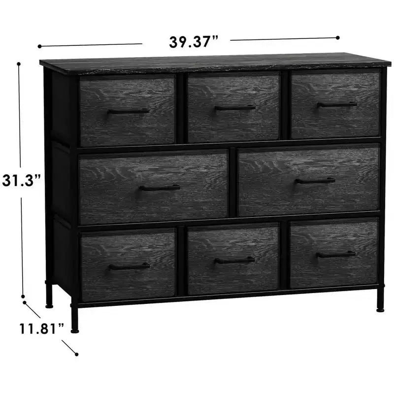 Cassettiera ampia a 8 cassetti - Unità organizer con struttura in acciaio, piano in legno e maniglia, cassetti in tessuto