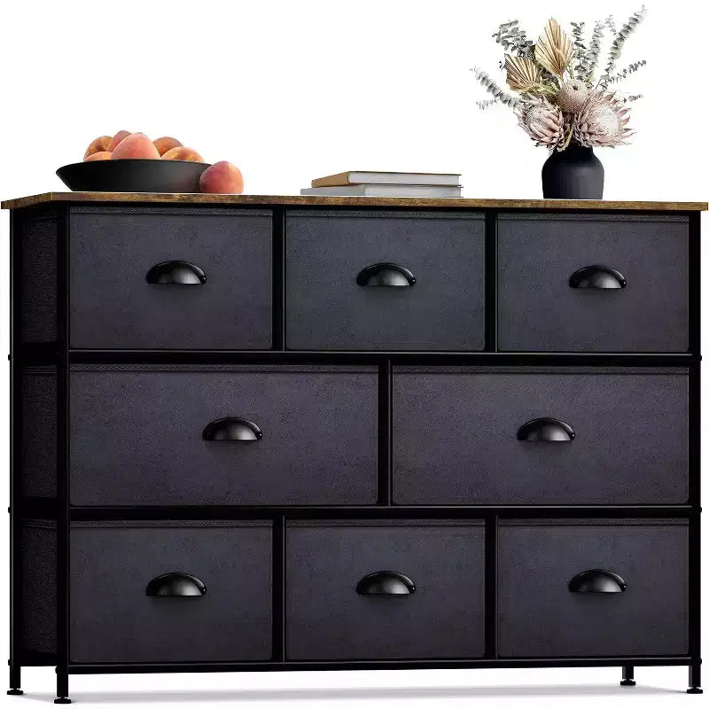 Cassettiera ampia a 8 cassetti - Unità organizer con struttura in acciaio, piano in legno e maniglia, cassetti in tessuto