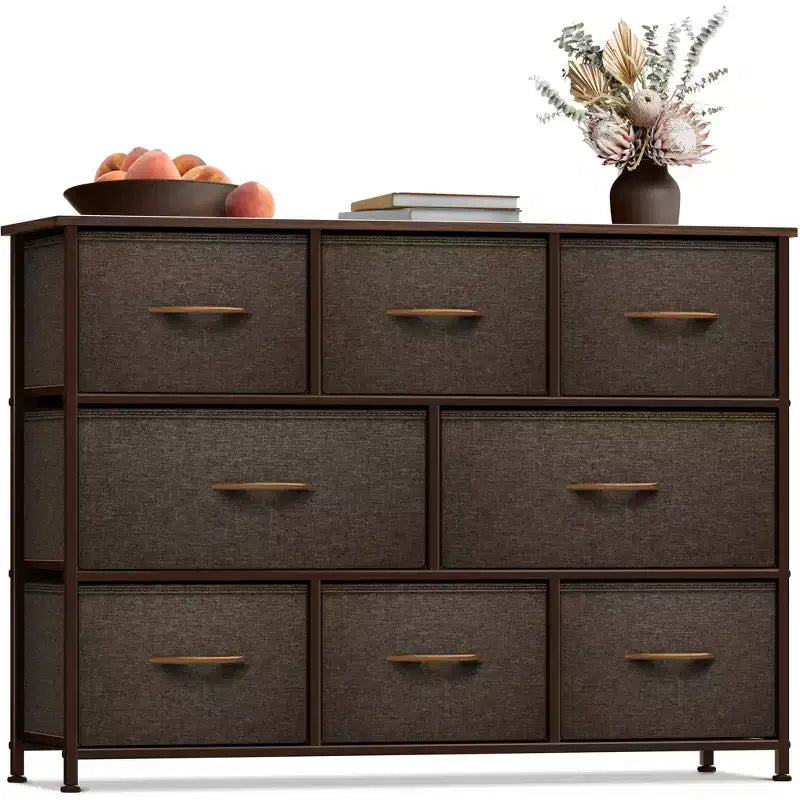 Cassettiera ampia a 8 cassetti - Unità organizer con struttura in acciaio, piano in legno e maniglia, cassetti in tessuto