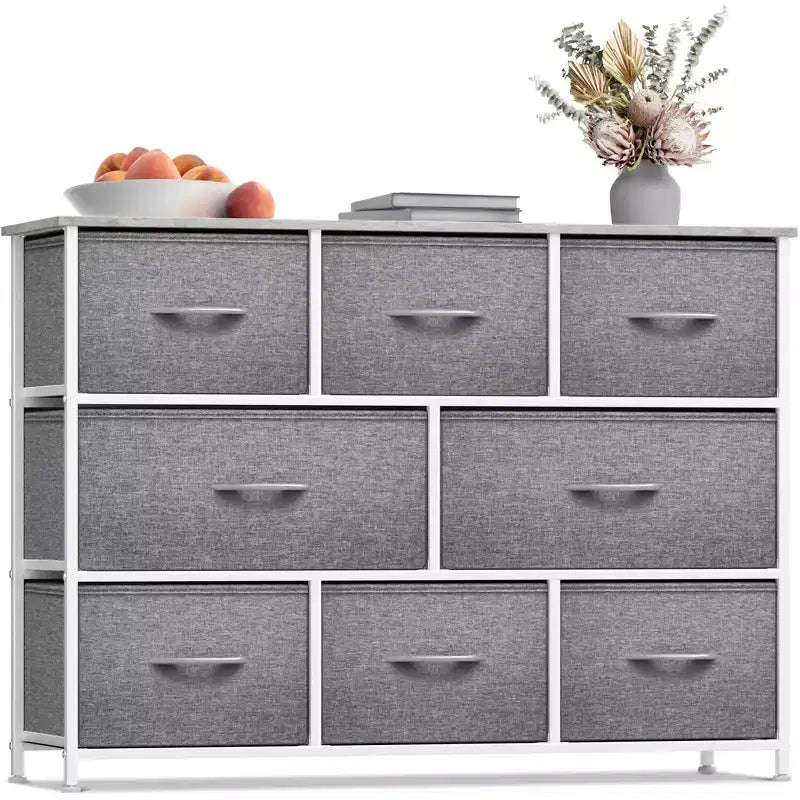 Cassettiera ampia a 8 cassetti - Unità organizer con struttura in acciaio, piano in legno e maniglia, cassetti in tessuto