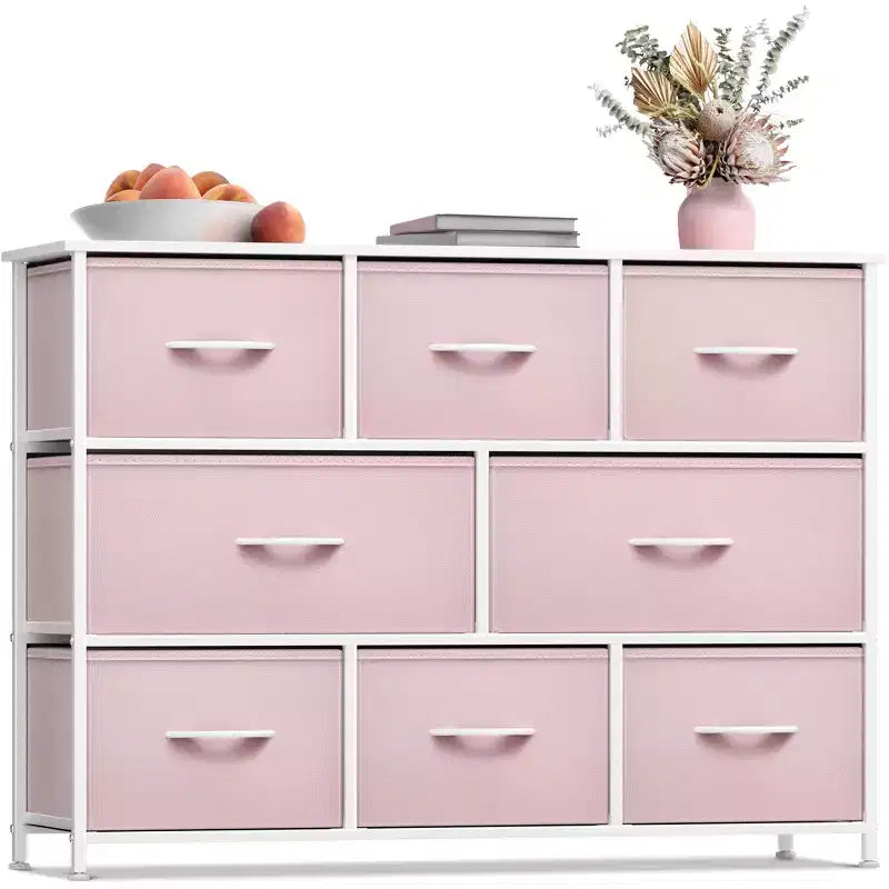 Cassettiera ampia a 8 cassetti - Unità organizer con struttura in acciaio, piano in legno e maniglia, cassetti in tessuto