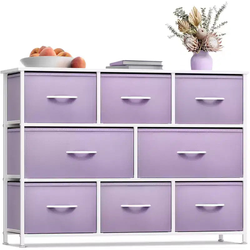 Cassettiera ampia a 8 cassetti - Unità organizer con struttura in acciaio, piano in legno e maniglia, cassetti in tessuto