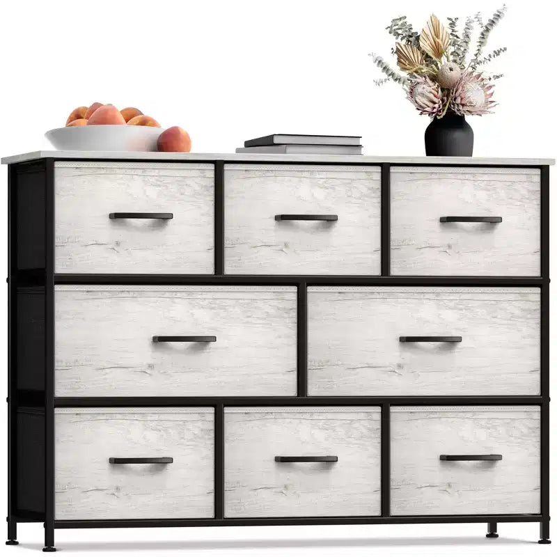 Cassettiera ampia a 8 cassetti - Unità organizer con struttura in acciaio, piano in legno e maniglia, cassetti in tessuto