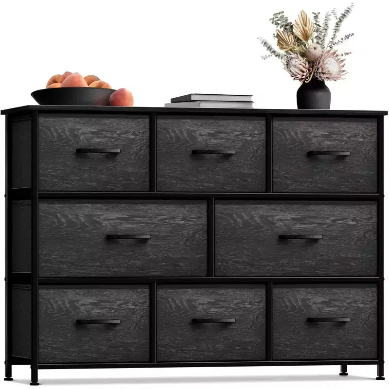Cassettiera ampia a 8 cassetti - Unità organizer con struttura in acciaio, piano in legno e maniglia, cassetti in tessuto