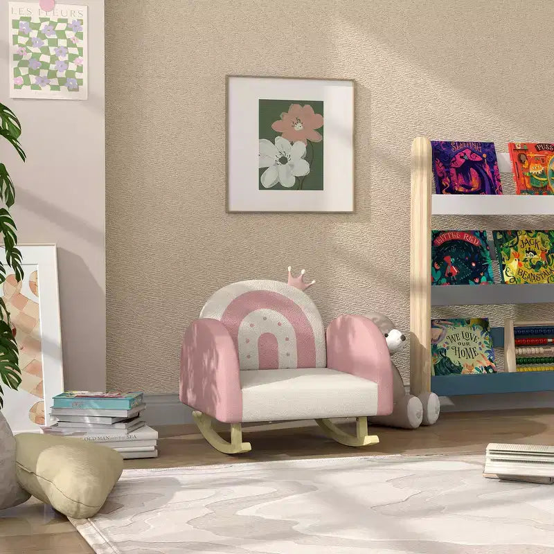 Sedia a dondolo per bambini in velluto, poltrona a dondolo per bambini con decorazione a corona, seggiolino a dondolo delicato per bambini - Rosa
