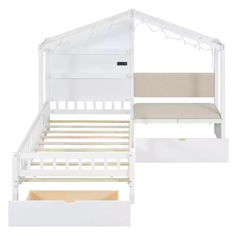 Letto a capanna singolo con divano imbottito, struttura in legno con stazione di ricarica, ricarica wireless, ripiani e cassetti