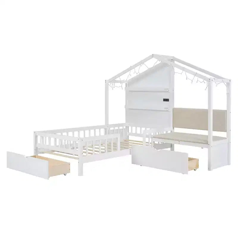 Letto a capanna singolo con divano imbottito, struttura in legno con stazione di ricarica, ricarica wireless, ripiani e cassetti