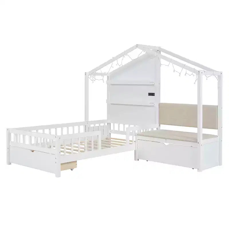 Letto a capanna singolo con divano imbottito, struttura in legno con stazione di ricarica, ricarica wireless, ripiani e cassetti