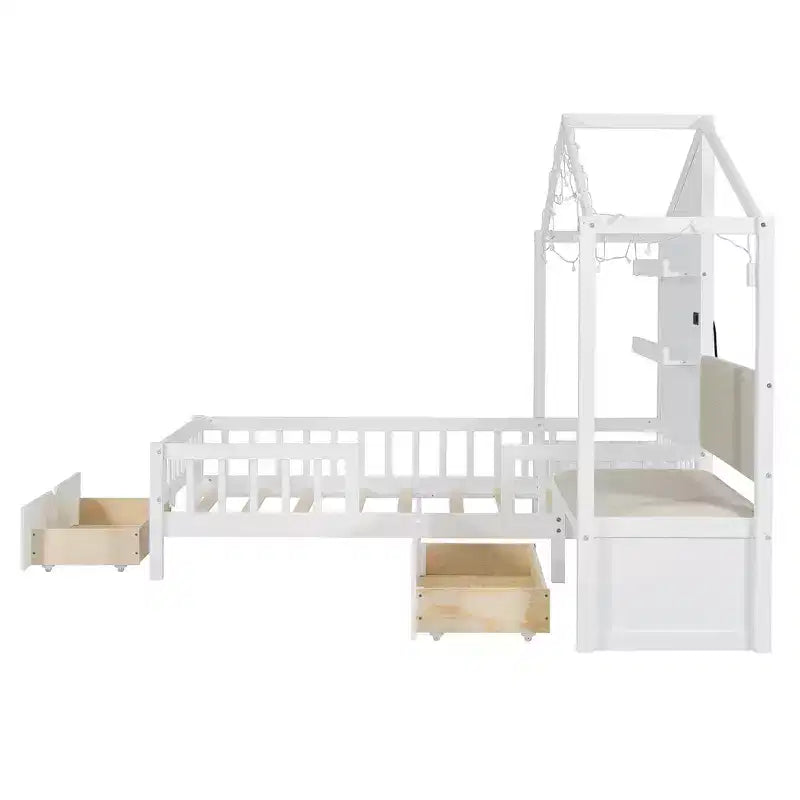 Letto a capanna singolo con divano imbottito, struttura in legno con stazione di ricarica, ricarica wireless, ripiani e cassetti