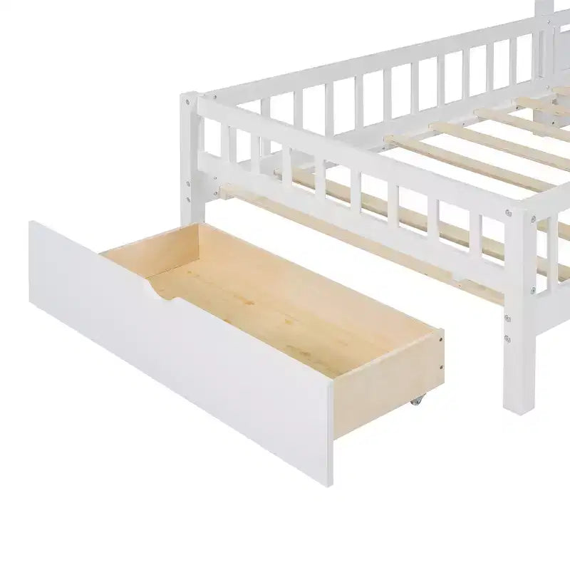 Letto a capanna singolo con divano imbottito, struttura in legno con stazione di ricarica, ricarica wireless, ripiani e cassetti