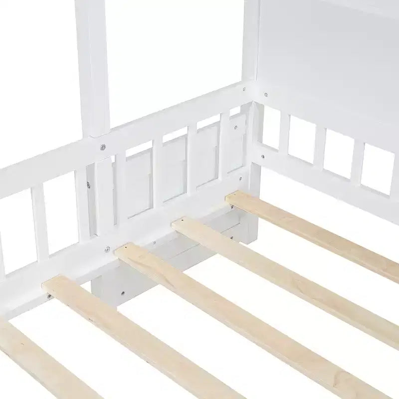 Letto a capanna singolo con divano imbottito, struttura in legno con stazione di ricarica, ricarica wireless, ripiani e cassetti