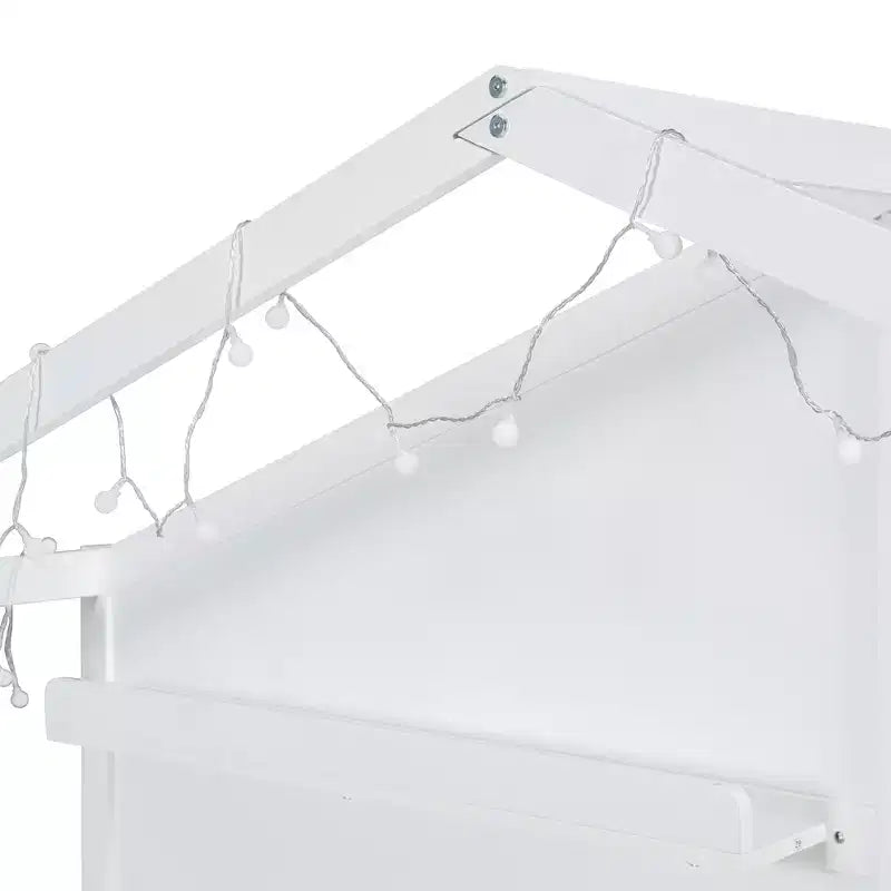 Letto a capanna singolo con divano imbottito, struttura in legno con stazione di ricarica, ricarica wireless, ripiani e cassetti