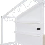 Letto a capanna singolo con divano imbottito, struttura in legno con stazione di ricarica, ricarica wireless, ripiani e cassetti