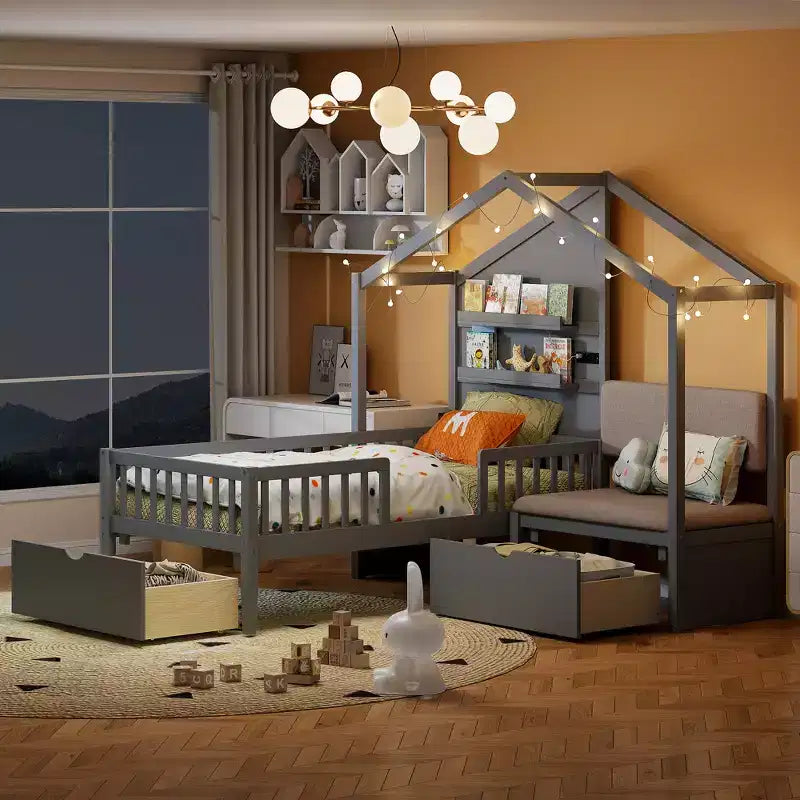 Letto a capanna singolo con divano imbottito, struttura in legno con stazione di ricarica, ricarica wireless, ripiani e cassetti
