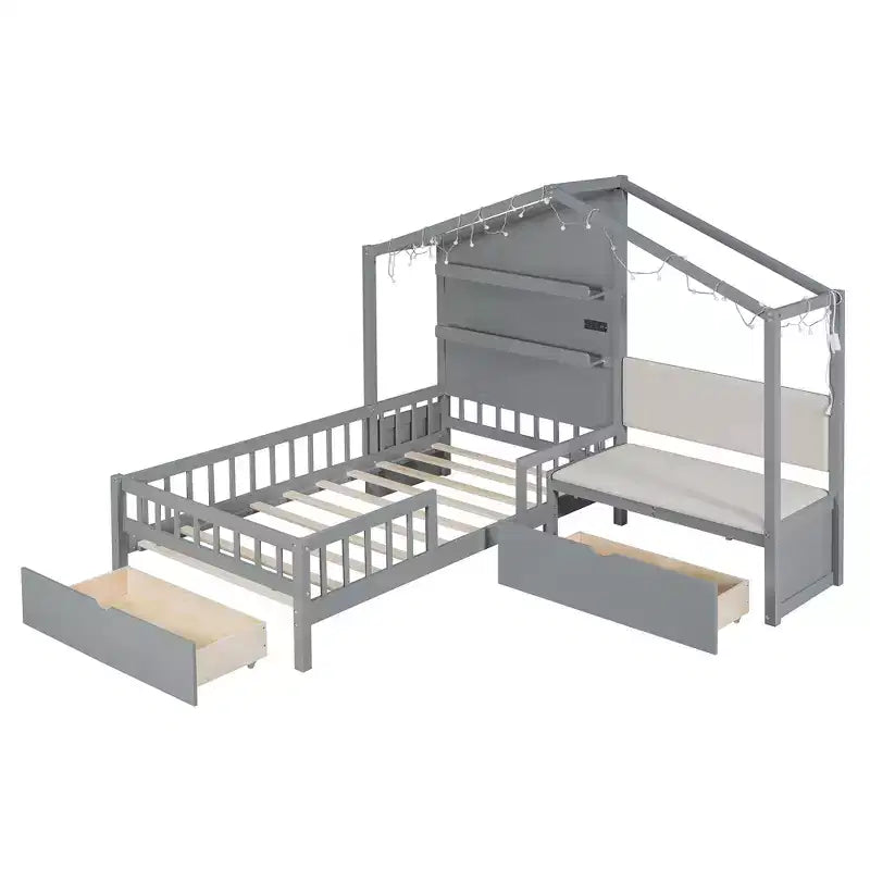 Letto a capanna singolo con divano imbottito, struttura in legno con stazione di ricarica, ricarica wireless, ripiani e cassetti