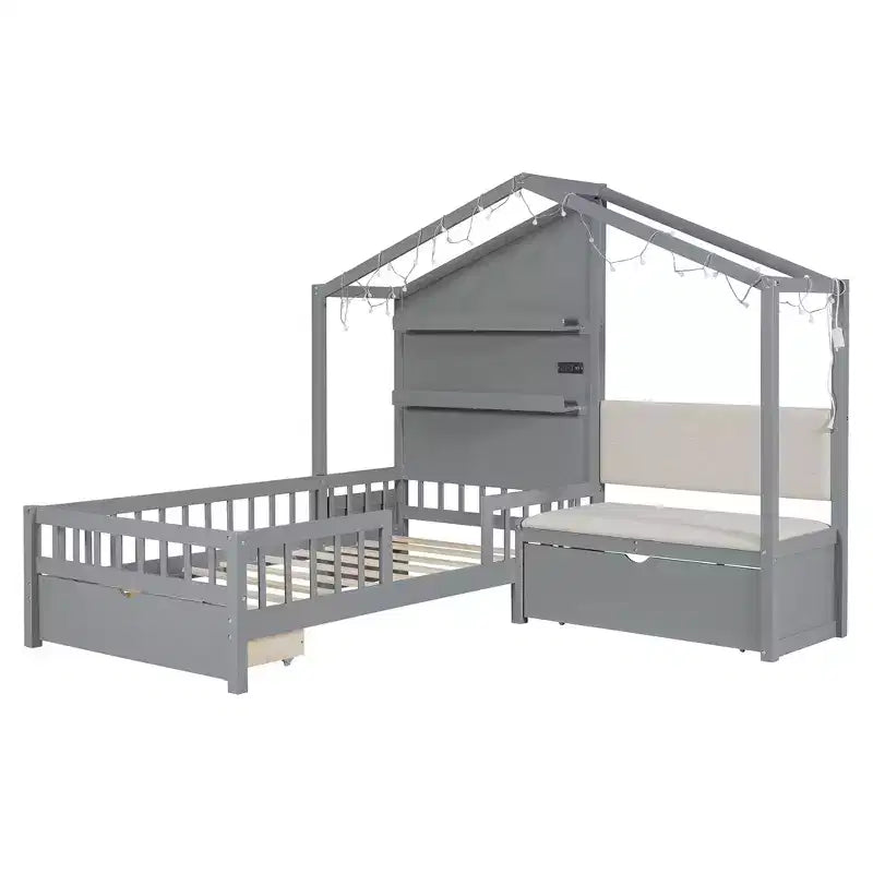 Letto a capanna singolo con divano imbottito, struttura in legno con stazione di ricarica, ricarica wireless, ripiani e cassetti