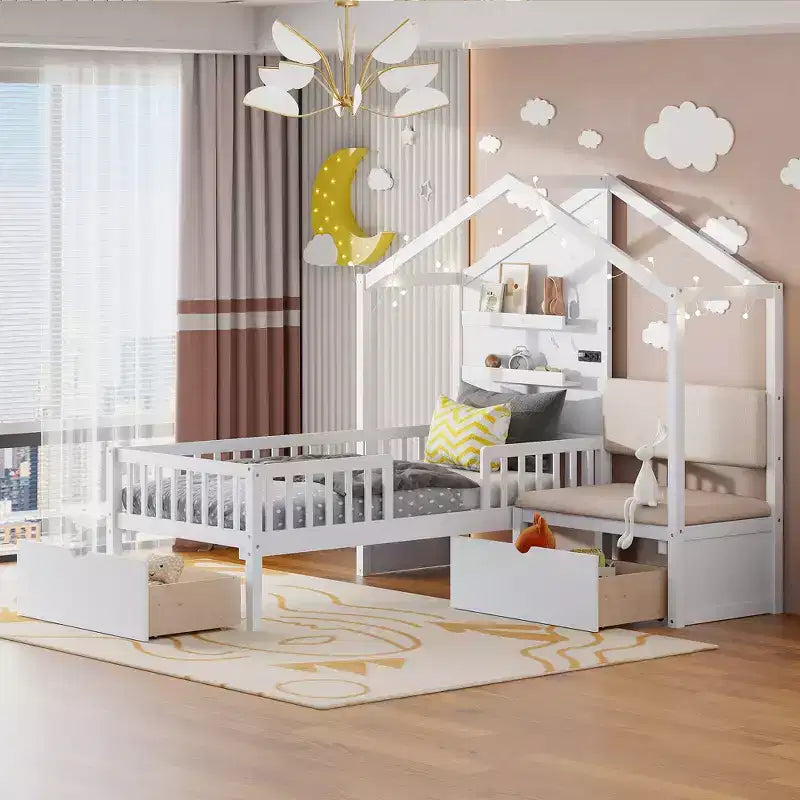 Letto a capanna singolo con divano imbottito, struttura in legno con stazione di ricarica, ricarica wireless, ripiani e cassetti