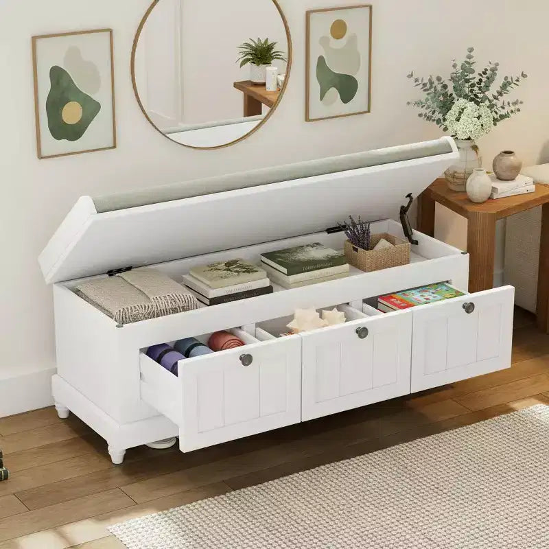 Classica panca per scarpe da ingresso con parte superiore imbottita e tre cassetti