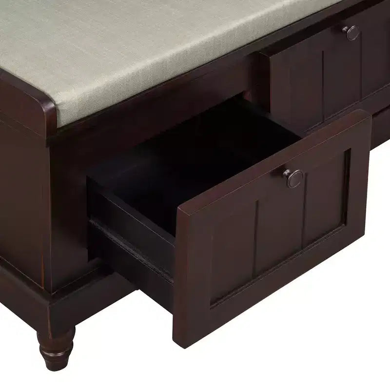 Classica panca per scarpe da ingresso con parte superiore imbottita e tre cassetti