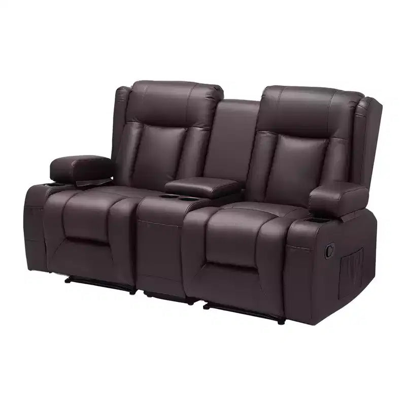 VEVOR Loveseat Recliner Sofa, Manual Reclining Couch with Center Console, PU Faux Leather Recliner Sofa with USB Ports, Cup Holders ,Brown