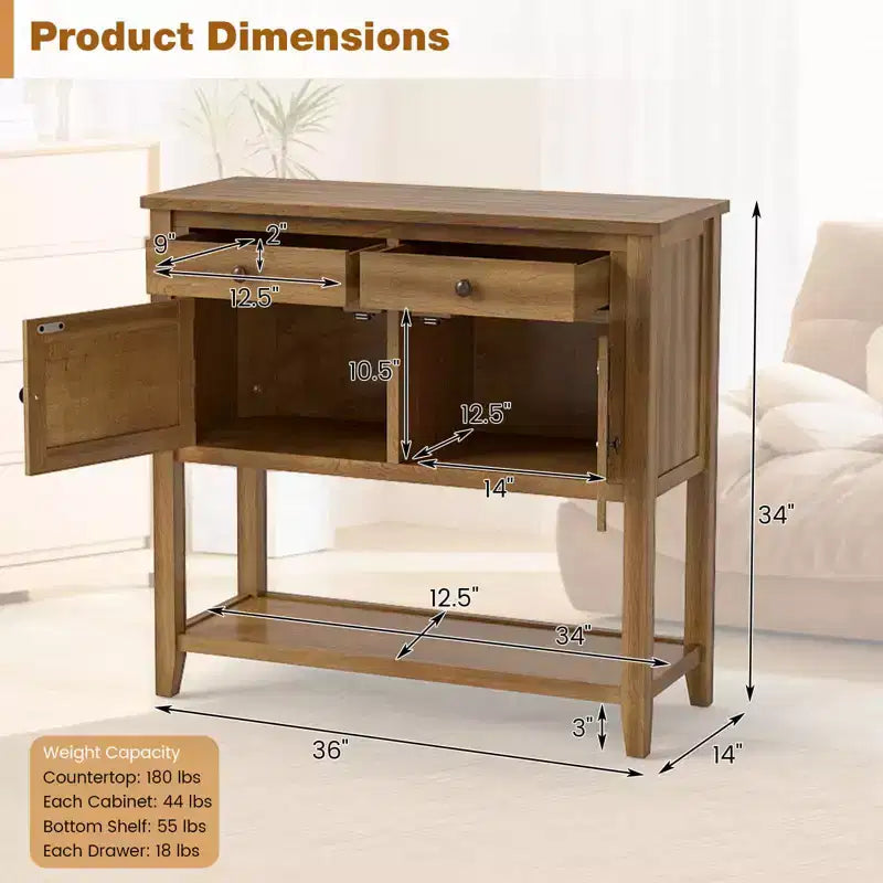 Consolle Mid-Century con 2 Cassetti, 2 Ante e Ripiano Inferiore per Ingresso