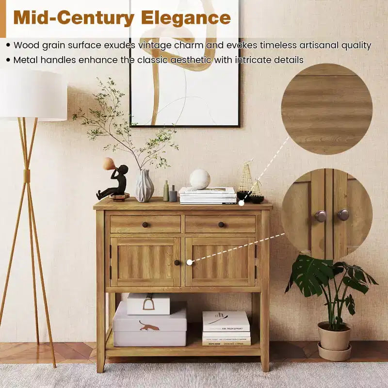Consolle Mid-Century con 2 Cassetti, 2 Ante e Ripiano Inferiore per Ingresso